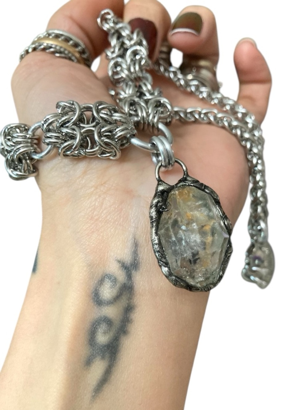 Raw Smoky herkimer diamond crystal on handmade maille stainless steel chain